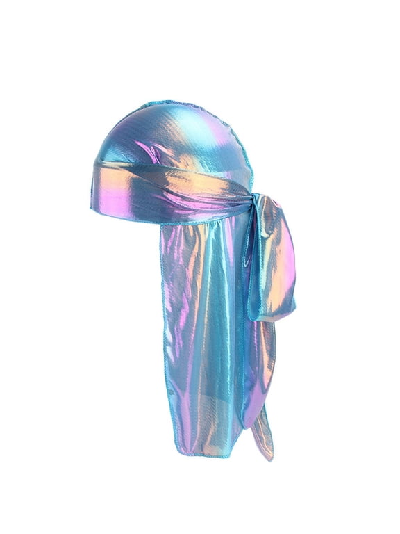 Holographic Durag for Men Women Shiny Metallic Silky Du Rag with Long Tail Wave Cap C One Size