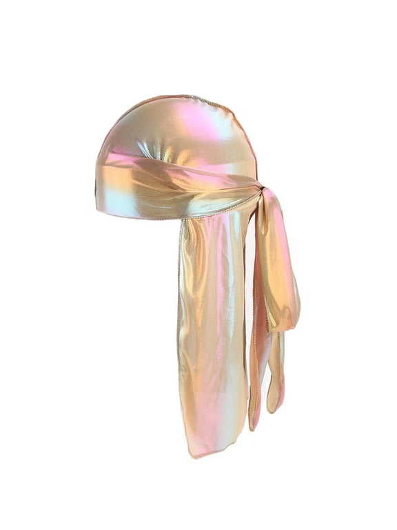Holographic Durag for Men Women Shiny Metallic Silky Du Rag with Long Tail Wave Cap F One Size