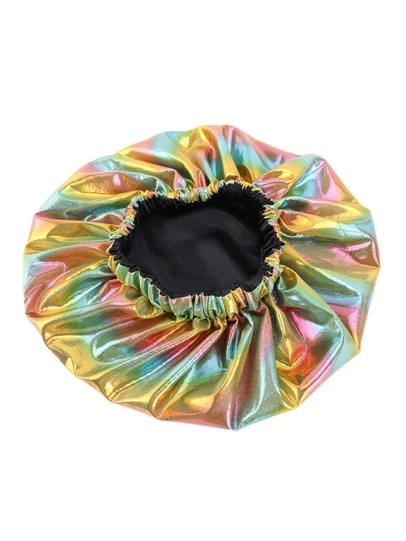 Holographic Satin Bonnet for Women Shiny Metallic Sleep Cap Silky Hair Wrap for Curly Hair Gold One Size