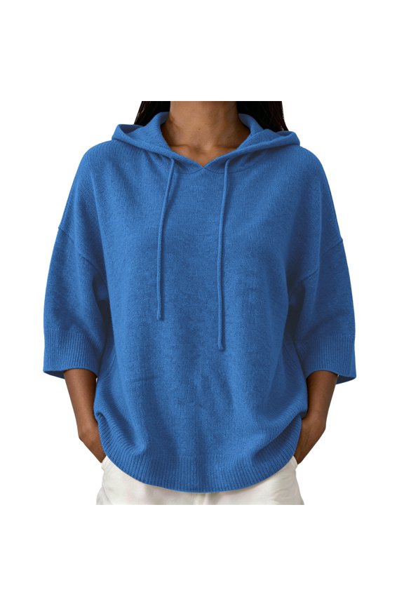 Hooded Sweater Women Loose Fit V Neck Lightweight Knit Pullover Drawstring Half Sleeve Casual Fall Spring Relaxed Tops Blue XXL
