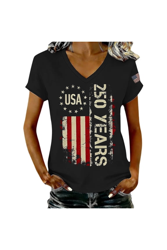 Independence Day Shirts for Women 4th of July Patriotic Tops V Neck 250 Years Distressed Flag Graphic Tees Summer Casual Short Sleeve T-shirts Memorial Day Black L