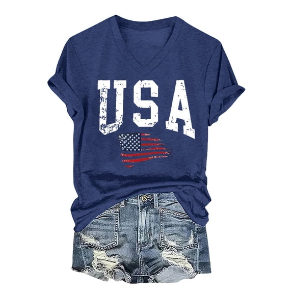 NMMUED July 4th Shirts for Women Red White and Blue Shirts for Women American Flag Shirt Fourth July Tee Shirts Funny Usa Print Tees Fourth of July Outfits for Women Navy L
