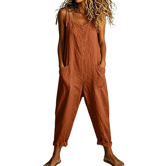 NMMUED Jumpsuits for Women Cotton Linen Overalls Casual Loose Sleeveless Spaghetti Strap Rompers Baggy Wide Leg Lounge Pants with Pockets Summer Wear Brick Red XXL