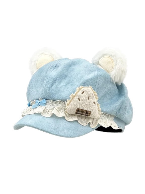 Kawaii Bear Ear Newsboy Cap for Women Cute Baker Boy Hat Lace Trim Sweet Cabbie Cap Blue M