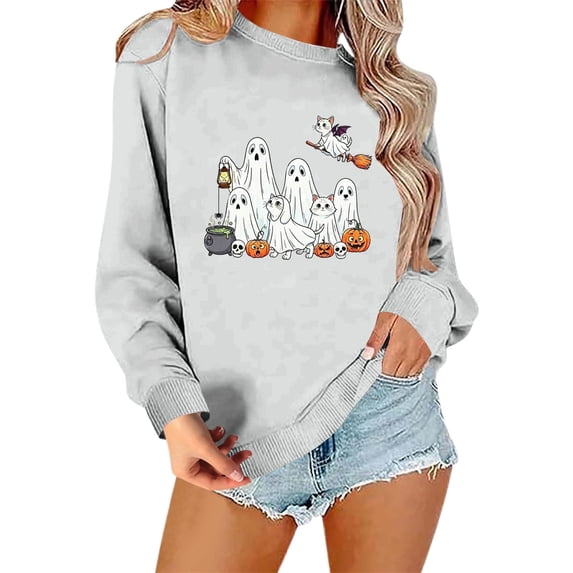 NMMUED Kawaii Halloween Graphic Pullovers for Women Oversized Sweatshirts Crew Neck Long Sleeve Spooky Season Clothes Light Gray 3XL
