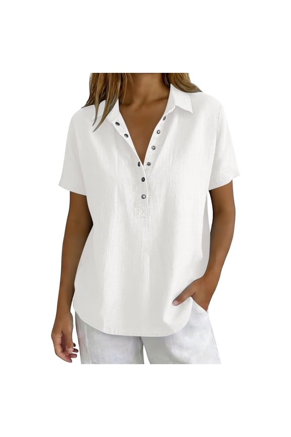 Ladies V Neck Polo Shirts Short Sleeve Button Down Cotton Linen Henley Tops Casual Loose Fit Summer Blouses Basic Tunic T-shirts Breathable Work Vacation Tees White L