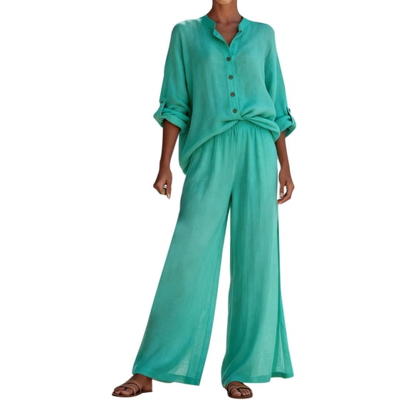 NMMUED Linen Pant Sets Women 2 Piece Outfits Linen Lounge Long Sleeve Button Down Shirt and Wide Leg Pants Set Cotton Linen Summer Casual Dressy Linen Sets Women's 2 Piece Casual Sets Green L