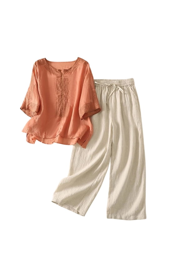 Linen Set for Women Cotton Linen 3/4 Sleeve Embroidered Tops and Pants Loose Fit for Seniors Embroidered Matching Linen Sets Two Piece Lounge Set for Women Orange M