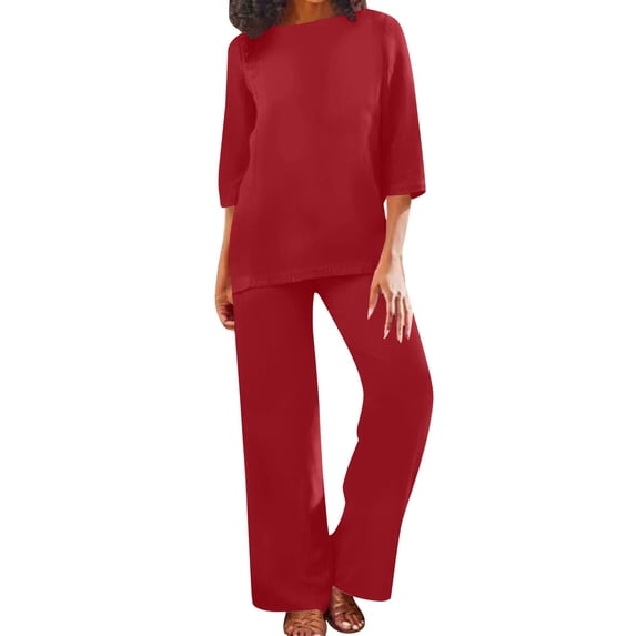 NMMUED Linen Set for Women Summer Outfits Summer Shirts Wide Leg Linen Pants Beach Vacation Clothes 3/4 Sleeve Top Wide Leg Pants Women 2 Piece Outfits Sets Casual Red S