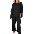 thumbnail image 1 of NMMUED Linen Sets for Women 2 Piece 3/4 Sleeve Top Wide Leg Pants Breathable Outfits Solid Color Linen Matching Summer Casual Matching Sets Lounge Sets for Women Black L, 1 of 8