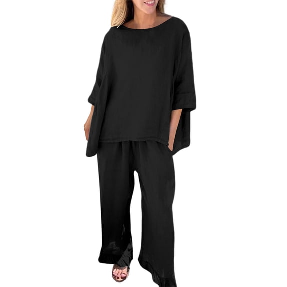 NMMUED Linen Sets for Women 2 Piece 3/4 Sleeve Top Wide Leg Pants Breathable Outfits Solid Color Linen Matching Summer Casual Matching Sets Lounge Sets for Women Black L