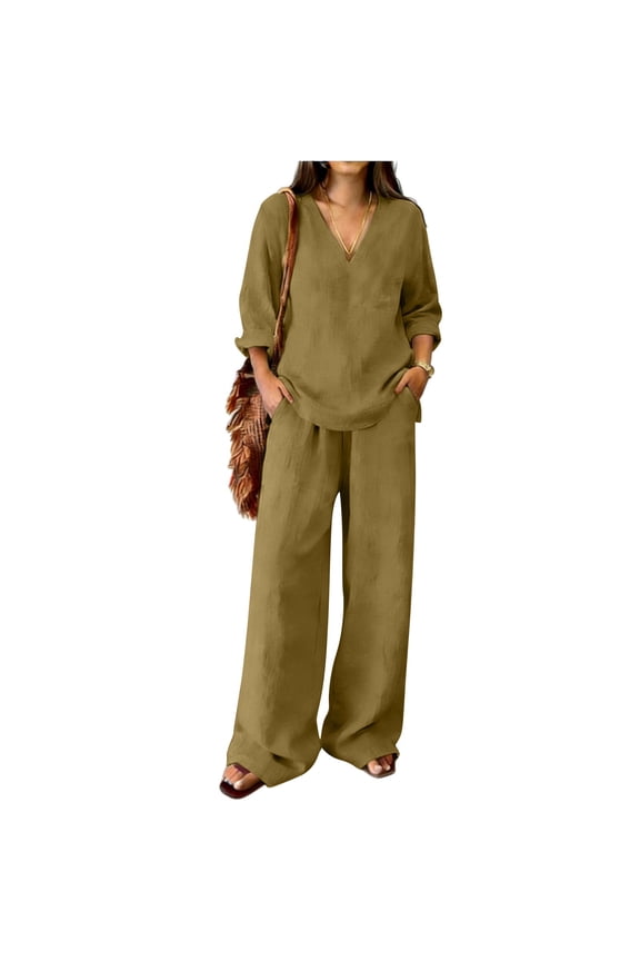 Linen Two Piece Set Women 3/4 Sleeves Tops Wide Leg Trouser Pants Suits Linen Pants Set for Women Wide Leg Pants Suits Vacation Outfits Lounge Set for Women Gold 3XL