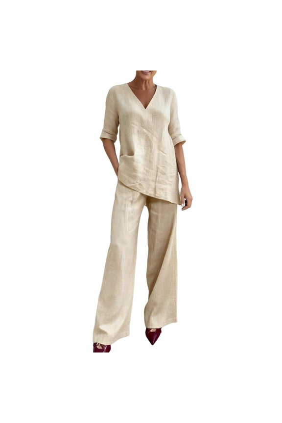Linen Two Piece Set Women 3/4 Sleeves Tops Wide Leg Trouser Pants Suits for Seniors Linen Matching Summer Casual Cotton Linen Work Suits Summer Matching Set Beige M