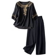 thumbnail image 1 of NMMUED Linen Two Piece Set Women Wide Leg Pants Linen Matching Summer Boho Linen Pants Set for Women Mexican Embroidered Cotton Linen Loose Fit Vacation Matching Set Black L, 1 of 9
