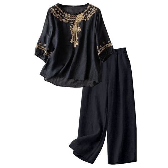 NMMUED Linen Two Piece Set Women Wide Leg Pants Linen Matching Summer Boho Linen Pants Set for Women Mexican Embroidered Cotton Linen Loose Fit Vacation Matching Set Black L