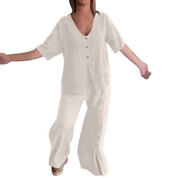 NMMUED Linen Two Piece Set Women’s Cotton Linen 2 Piece Set Casual Summer Lounge Button Down Top Flowy Wide Leg Pants Lightweight Loose Outfit Linen Beach Set Gray M