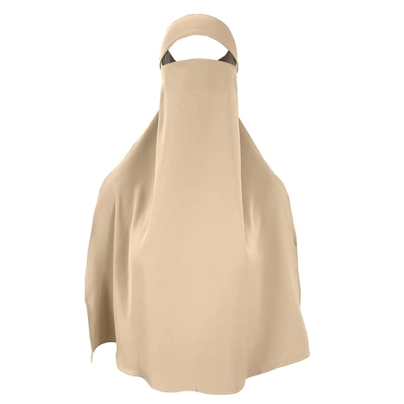 NMMUED Long Muslim Khimar with Niqab Face Cover Women's Modest Islamic Prayer Hijab Solid Color Beige One Size
