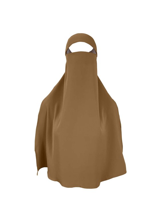 Long Muslim Khimar with Niqab Face Cover Women's Modest Islamic Prayer Hijab Solid Color Khaki One Size