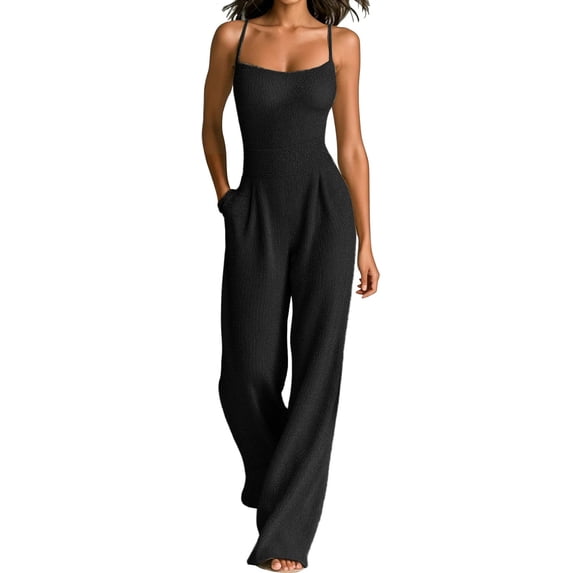 NMMUED Long Rompers for Women Casual Dressy Spaghetti Strap Wide Leg Jumpsuit Summer Sleeveless High Waist Pants Outfit Pockets Black XXL
