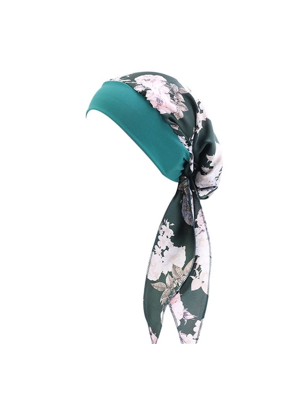 Long Tail Head Wraps for Black Women Pre-tied Turban Chemo Cap Hair Loss Cover Hat Slouchy Beanie Army Green One Size