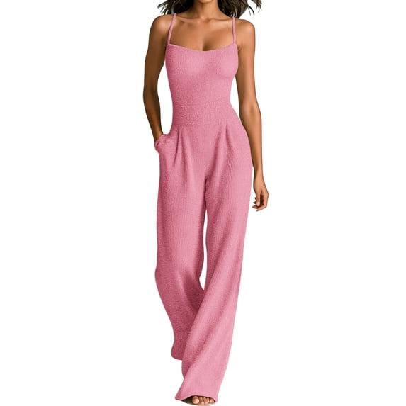 NMMUED Lounge Jumpsuits for Women Wide Leg Spaghetti Strap Long Romper Casual Summer Dressy High Waist Outfits with Pockets Pink L