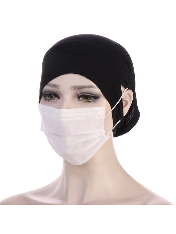 Mask Friendly Inner Hijab Cap for Women Ear Slit Underscarf Soft Stretchy Modest Headwear Wrap Black One Size