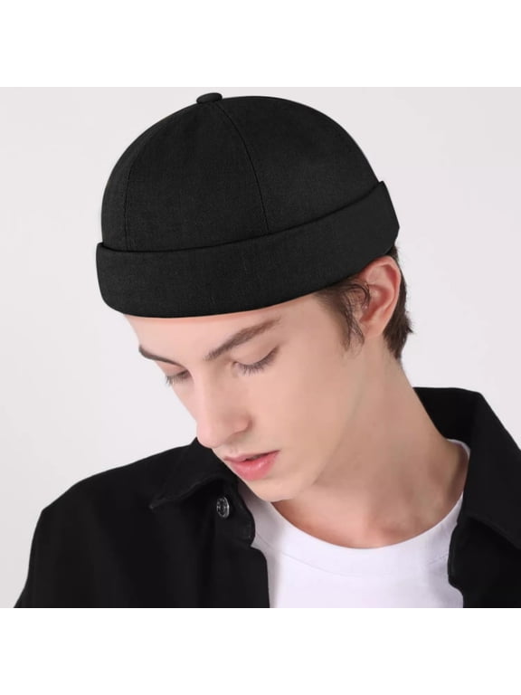 Men's Brimless Docker Cap Solid Color Retro Sailor Hat Adjustable Skull Cap Beanie Black One Size
