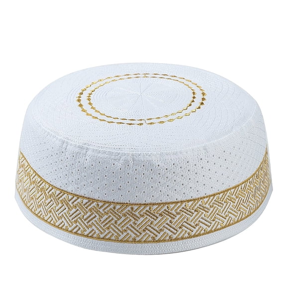 NMMUED Men's Embroidered Kufi Hat Muslim Prayer Cap Traditional Islamic Topi Rigid Headwear Eid Gift Gold M