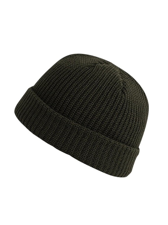 Men's Short Fisherman Beanie Ribbed Knit Skull Cap Docker Hat Winter Warm Rolled Cuff Watch Hat Army Green One Size
