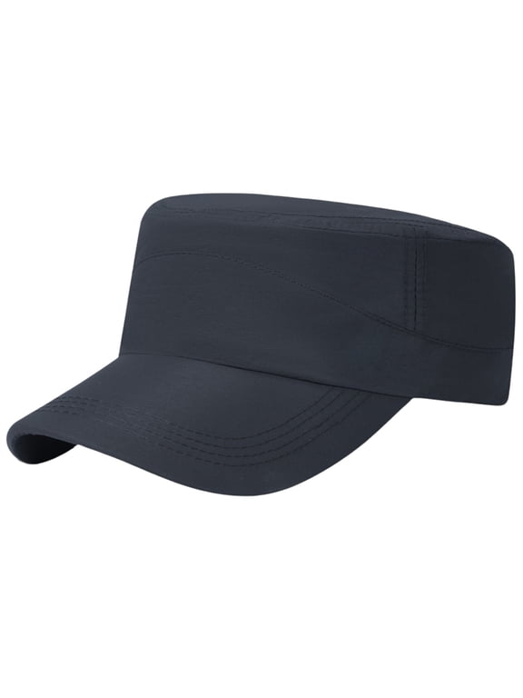 Military Cadet Army Cap for Men Women – Washed Cotton Vintage Adjustable Flat Top Hat Navy One Size