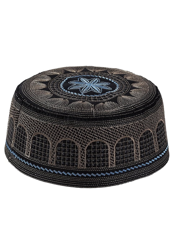 Muslim Prayer Kufi Hat Men Islam Skull Embroidery Cap Arabian Omani Turkish Prayer Headwear Eid Gift Black L