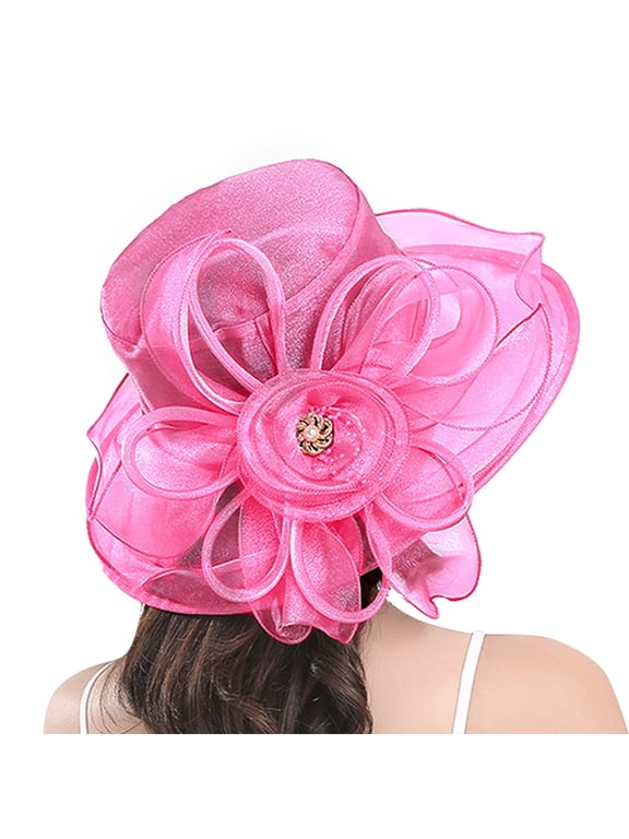 Organza Church Derby Hat Flower Wide Brim Fascinator Sun Hats for Women Wedding Cocktail Tea Party Fancy Hat Hot Pink One Size