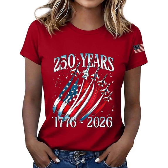 NMMUED Patriotic 250 Years of Freedom 4th of July Shirts Women American Flag Graphic Tee 1776 2026 Independence Day Summer Casual T-shirt Comfortable Short Sleeve Top Red L