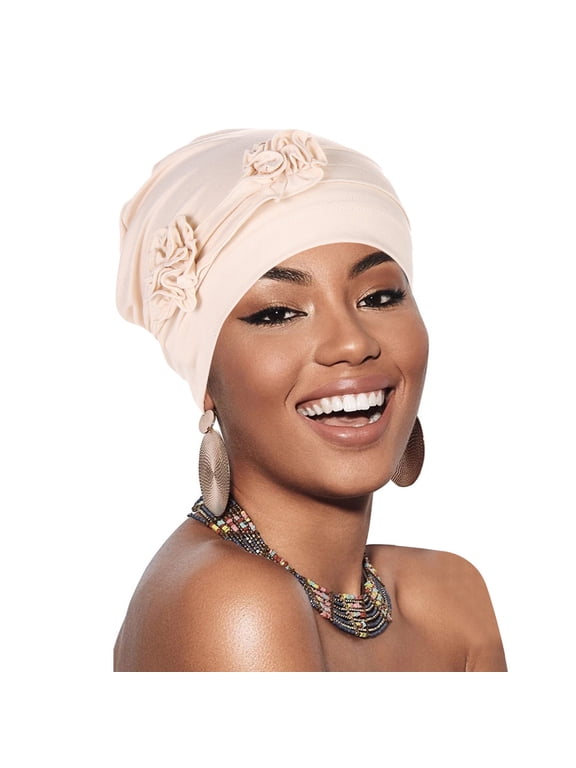Pre-tied Cross Front Turban for Women African Head Wrap Chemo Cancer Hat Hair Loss Beanie Sleep Cap Beige One Size