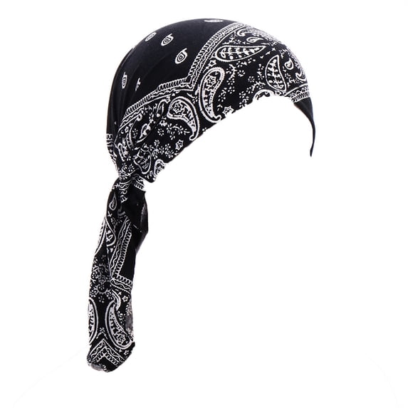 NMMUED Pre-tied Long Tail Turban for Women African Head Wrap Chemo Cancer Hat Hair Loss Beanie Sleep Cap Black One Size