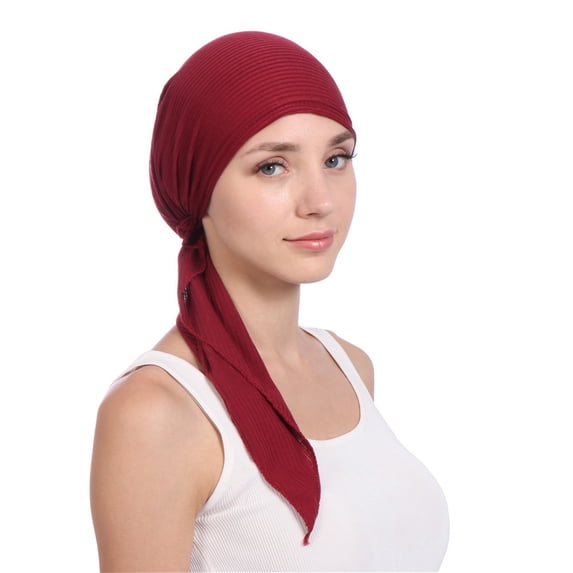 NMMUED Pre-tied Long Tail Turban for Women African Head Wrap Chemo Cancer Hat Hair Loss Beanie Sleep Cap Red One Size