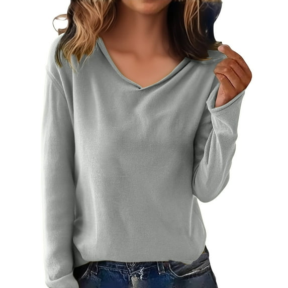 NMMUED Pullover Sweaters for Women's V-neck Sweaters Womens Long Sleeve Tops Fall Sweaters for Women Fitted Sweaters for Women Knitted Sweater Soft Sweaters for Women Gray S