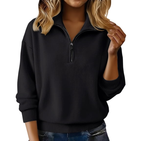 NMMUED Quarter Zip Pullover Women Pull Over Sweaters Womens Collared Sweaters for Women Womens Tops Casual Knit Sweater for Women Business Casual Sweaters for Women Knit Top Black S