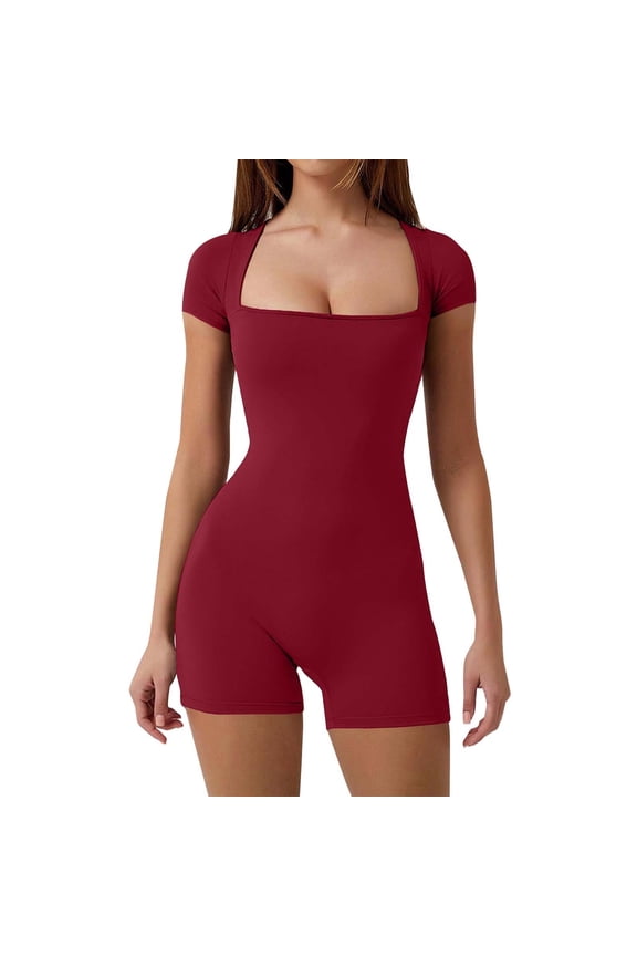 Rompers for Women Workout Seamless Romper Yoga One Piece Tank Tops Jumpsuits Short Sleeve Tummy Control Rompers Red S
