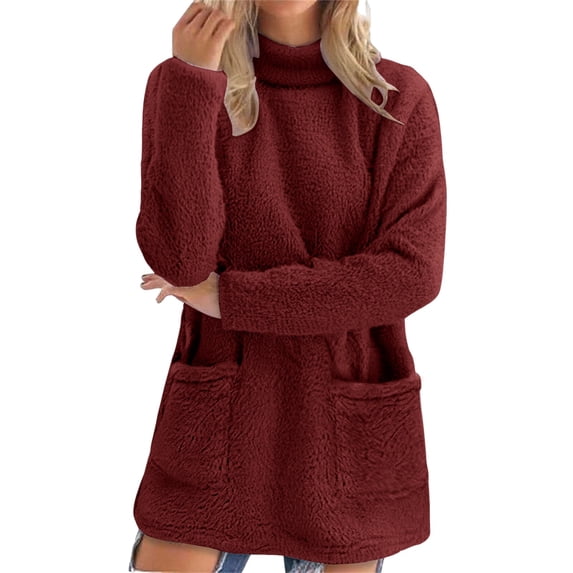 NMMUED Sherpa Pullover Mock Neck Sweatshirts Warm Sweatshirts for Women Oversized Mock Neck Sweatshirt Winter Tops for Women Womens Sweatshirts No Hood Fuzzy Pullover Women Wine M