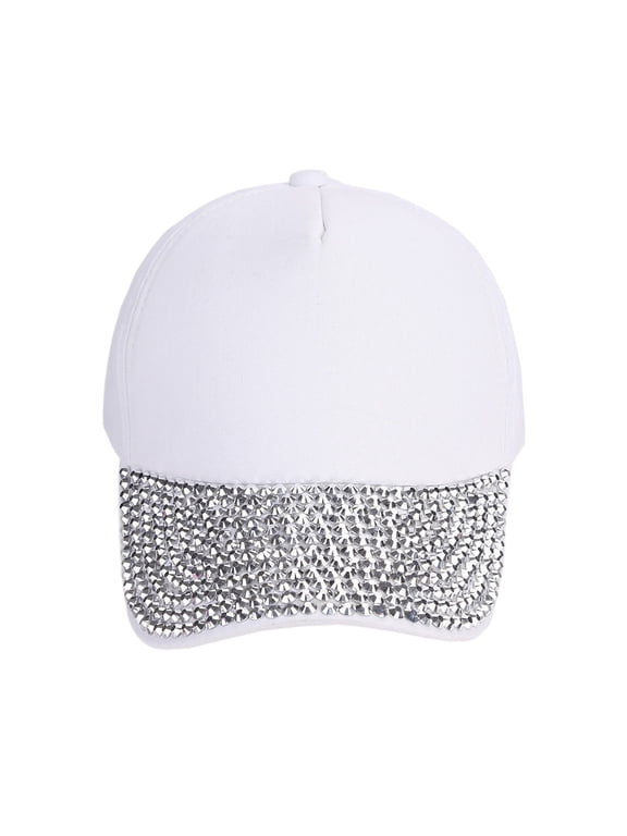 Shiny Rhinestone Brim Baseball Cap for Women Bling Hats Sparkle Ponycap Trucker Hat Summer Outdoors Sun Cap White One Size