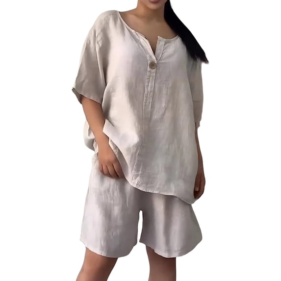 NMMUED Short Sets for Women Linen Sets for Women 2 Piece Summer Outfits for Women Gauze Sets for Women 2 Piece Lounge Sets for Women, Beige L