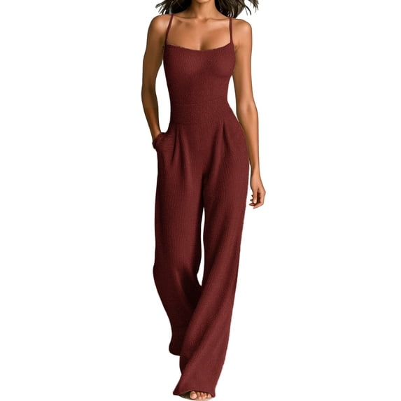NMMUED Sleeveless Jumpsuits for Women Wide Leg Spaghetti Strap Long Romper Casual Summer High Waist Dressy Pants Outfit Pockets Wine XXL