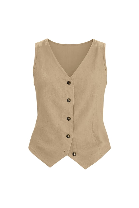 Sleeveless Vest for Women V Neck Button Down Cotton Linen Waistcoats Casual Loose Fit Suit Vest Jackets Summer Lightweight Tops Ladies Business Office Wear Beige M