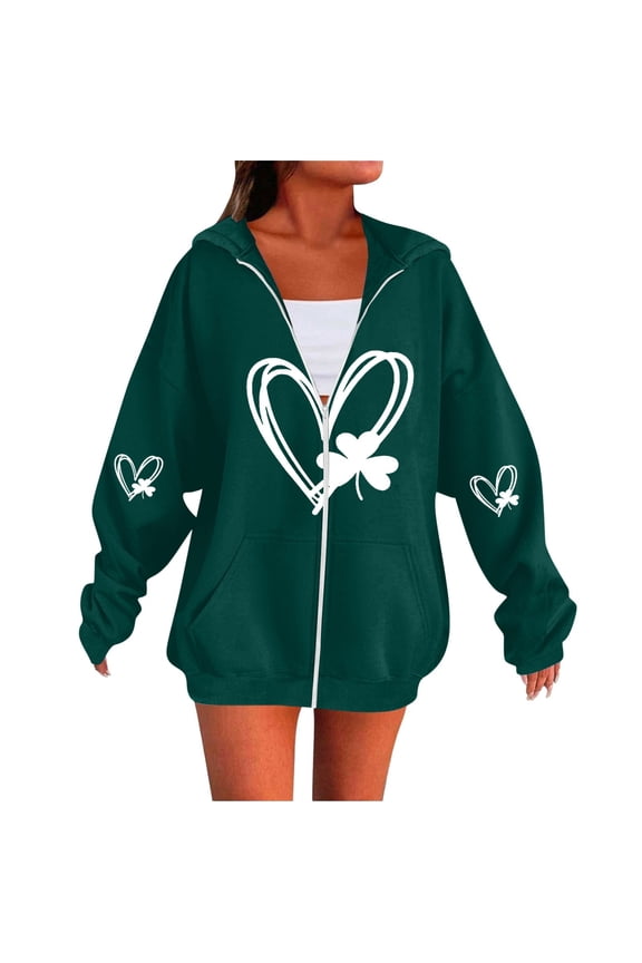 St Patrick's Day Hoodies Women St Patricks Day Jacket Zip Up Hoodie Women Shamrock Sweatshirt Hooded Jacket Women Green Sweatshirts St Patricks Day Clothes Dark Green L