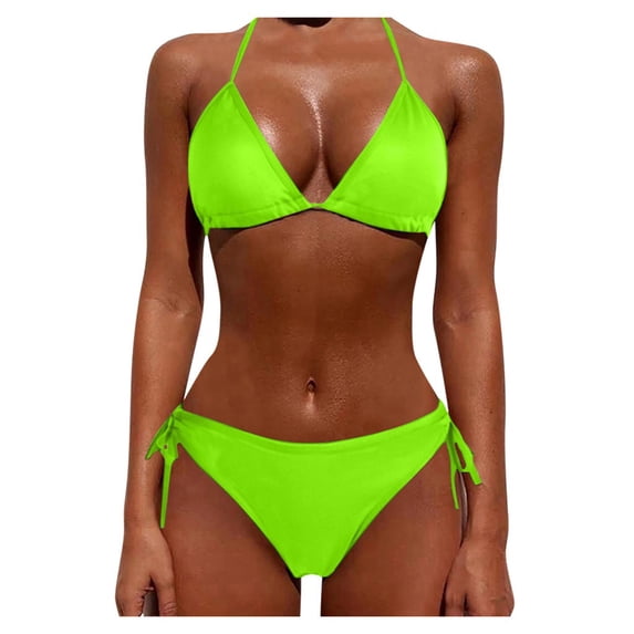 NMMUED String Bikini Women's Flattering Bikini Sets Two Piece Bathing Suits Classic Triangle Swimsuits Tie Side Bottom Swimwear Solid Elegant Summer Vacation Poolside Beach Wear Outfits Green L