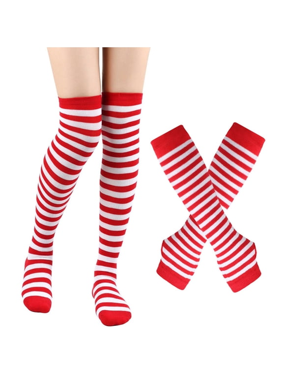 Striped Thigh High Socks Striped Arm Warmers Christmas Clothes for Women Candy Cane Socks Striped Tube Socks Red and White Socks Striped Gloves Set Orange One Size