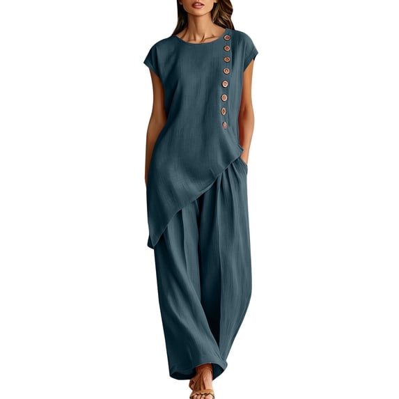 NMMUED Summer 2 Piece Sets for Women Side Button Shirts Wide Leg Pants Outfits Resort Wear Lounge Matching Suits Navy XXL