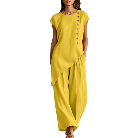 NMMUED Summer 2 Piece Sets for Women Side Button Shirts Wide Leg Pants Outfits Resort Wear Lounge Matching Suits Yellow L