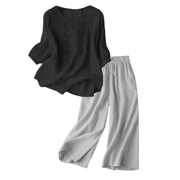 NMMUED Summer Sets for Women Linen Two Piece Set Women Womens Loungewear Set Pants Sets Women 2 Piece Outfits Pj Sets for Woman, Black XXXL